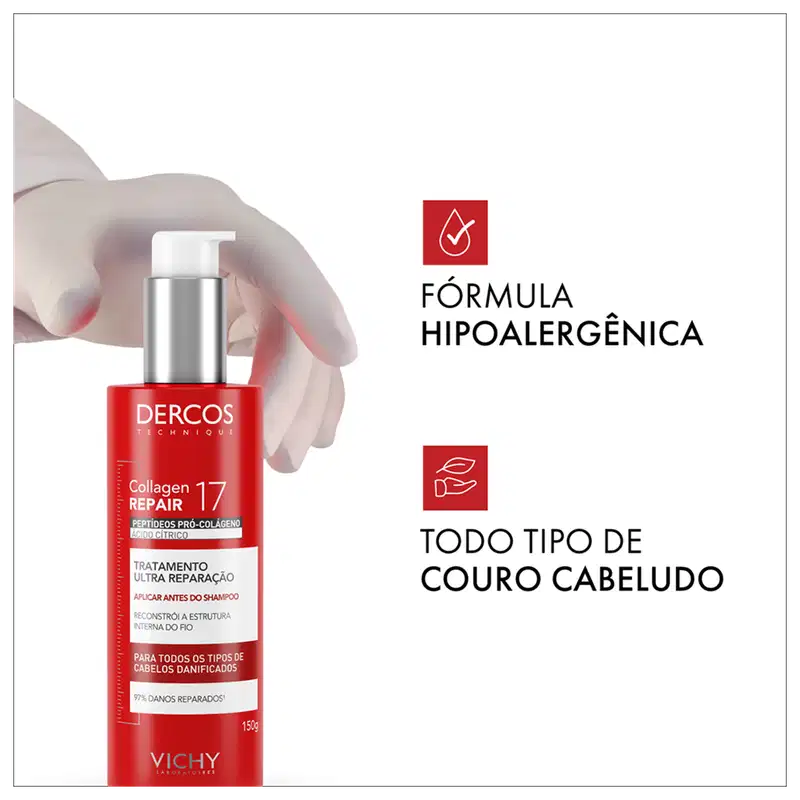 Frasco de tratamento capilar Dercos Collagen Repair 17 da Vichy, com embalagem vermelha e prata, contendo 150g do produto. O rótulo destaca os peptídeos pró-colágeno e o tratamento de ultra reparação para todos os tipos de cabelos danificados.