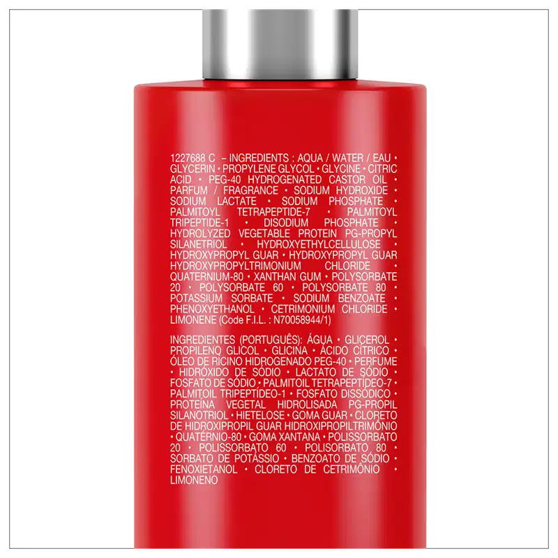 Frasco de tratamento capilar Dercos Collagen Repair 17 da Vichy, com embalagem vermelha e prata, contendo 150g do produto. O rótulo destaca os peptídeos pró-colágeno e o tratamento de ultra reparação para todos os tipos de cabelos danificados.