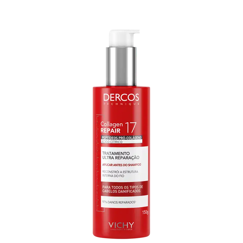 Frasco de tratamento capilar Dercos Collagen Repair 17 da Vichy, com embalagem vermelha e prata, contendo 150g do produto. O rótulo destaca os peptídeos pró-colágeno e o tratamento de ultra reparação para todos os tipos de cabelos danificados.