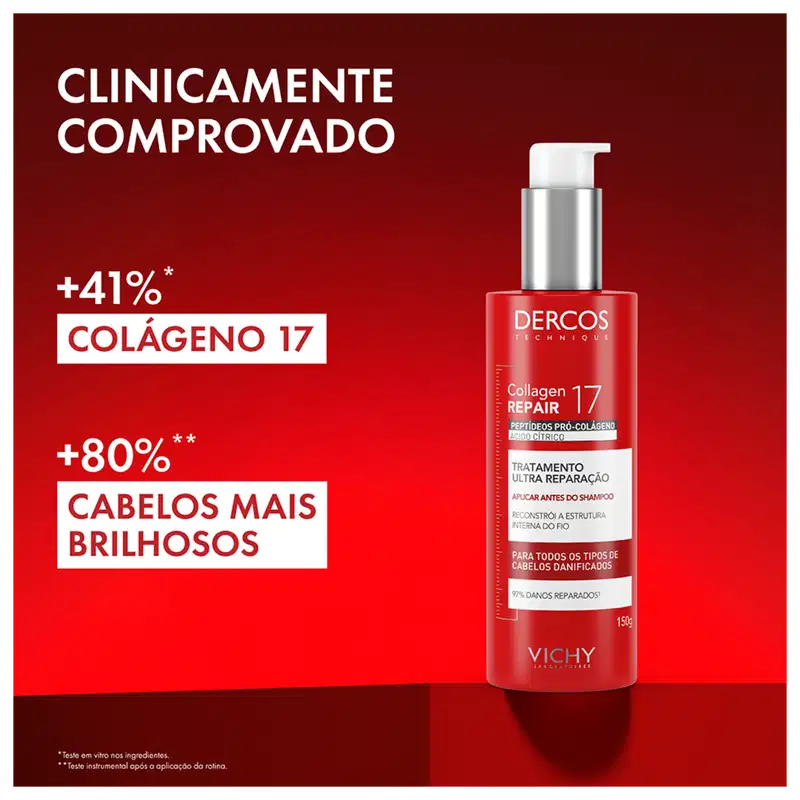 Frasco de tratamento capilar Dercos Collagen Repair 17 da Vichy, com embalagem vermelha e prata, contendo 150g do produto. O rótulo destaca os peptídeos pró-colágeno e o tratamento de ultra reparação para todos os tipos de cabelos danificados.