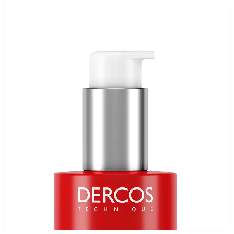 Frasco de tratamento capilar Dercos Collagen Repair 17 da Vichy, com embalagem vermelha e prata, contendo 150g do produto. O rótulo destaca os peptídeos pró-colágeno e o tratamento de ultra reparação para todos os tipos de cabelos danificados.