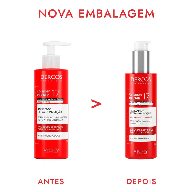 Frasco de tratamento capilar Dercos Collagen Repair 17 da Vichy, com embalagem vermelha e prata, contendo 150g do produto. O rótulo destaca os peptídeos pró-colágeno e o tratamento de ultra reparação para todos os tipos de cabelos danificados.