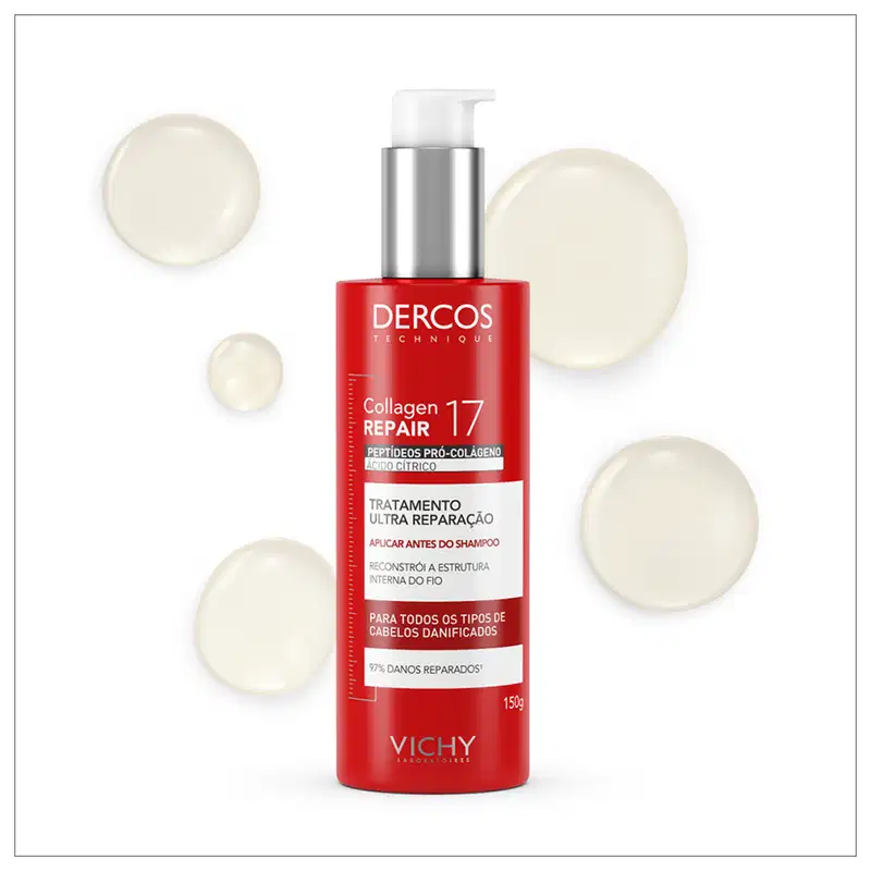 Frasco de tratamento capilar Dercos Collagen Repair 17 da Vichy, com embalagem vermelha e prata, contendo 150g do produto. O rótulo destaca os peptídeos pró-colágeno e o tratamento de ultra reparação para todos os tipos de cabelos danificados.