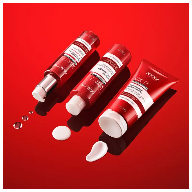 Frasco de tratamento capilar Dercos Collagen Repair 17 da Vichy, com embalagem vermelha e prata, contendo 150g do produto. O rótulo destaca os peptídeos pró-colágeno e o tratamento de ultra reparação para todos os tipos de cabelos danificados.