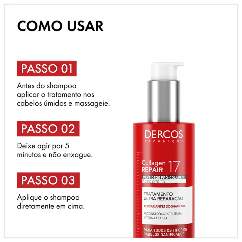 Frasco de tratamento capilar Dercos Collagen Repair 17 da Vichy, com embalagem vermelha e prata, contendo 150g do produto. O rótulo destaca os peptídeos pró-colágeno e o tratamento de ultra reparação para todos os tipos de cabelos danificados.