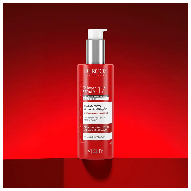 Frasco de tratamento capilar Dercos Collagen Repair 17 da Vichy, com embalagem vermelha e prata, contendo 150g do produto. O rótulo destaca os peptídeos pró-colágeno e o tratamento de ultra reparação para todos os tipos de cabelos danificados.