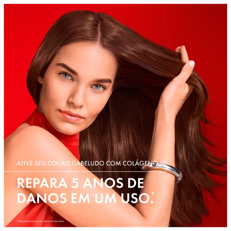Frasco de tratamento capilar Dercos Collagen Repair 17 da Vichy, com embalagem vermelha e prata, contendo 150g do produto. O rótulo destaca os peptídeos pró-colágeno e o tratamento de ultra reparação para todos os tipos de cabelos danificados.