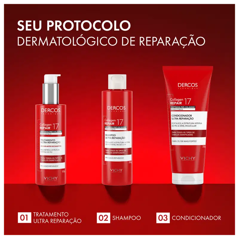 Frasco de tratamento capilar Dercos Collagen Repair 17 da Vichy, com embalagem vermelha e prata, contendo 150g do produto. O rótulo destaca os peptídeos pró-colágeno e o tratamento de ultra reparação para todos os tipos de cabelos danificados.
