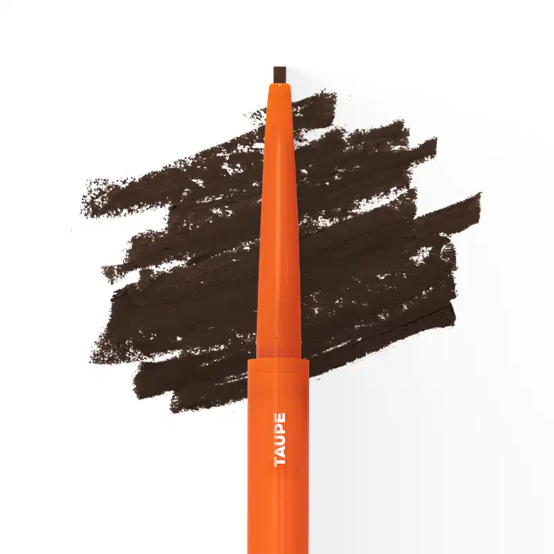 Brow Pencil Mari Maria Makeup em embalagem laranja com detalhes em amarelo. Produto apresenta lápis retratil com ponta fina e escova integrada. Peso: 0,1g. Design ergonômico em tom laranja vibrante.