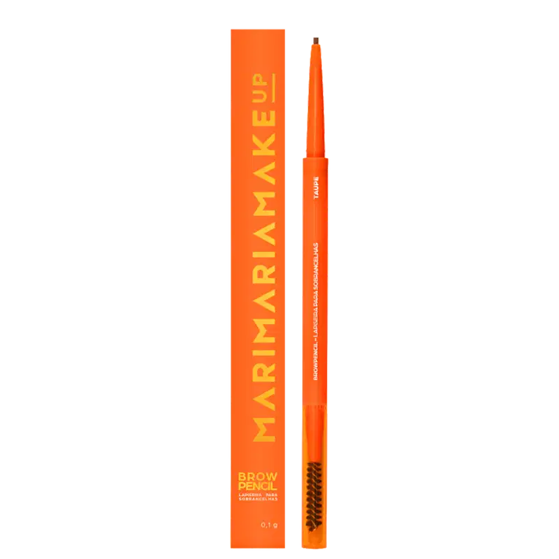 Brow Pencil Mari Maria Makeup em embalagem laranja com detalhes em amarelo. Produto apresenta lápis retratil com ponta fina e escova integrada. Peso: 0,1g. Design ergonômico em tom laranja vibrante.