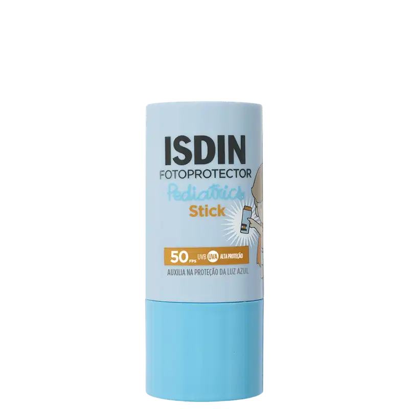 Protetor solar ISDIN Fotoprotector Pediatrics Stick FPS 50 em embalagem cilíndrica azul e branca com indicação UVB/UVA.