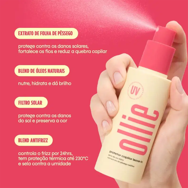 EXTRATO DE FOLHA DE PESSEGO protege contra os danos, fortalece os fios e reduz a quebra capilar. BLEND DE ÓLEOS NATURAIS nutre, hidrata e dá brilho. FILTRO SOLAR protege contra os danos do sol. BLEND ANTIFRIZZ com proteção térmica até 230°C.
