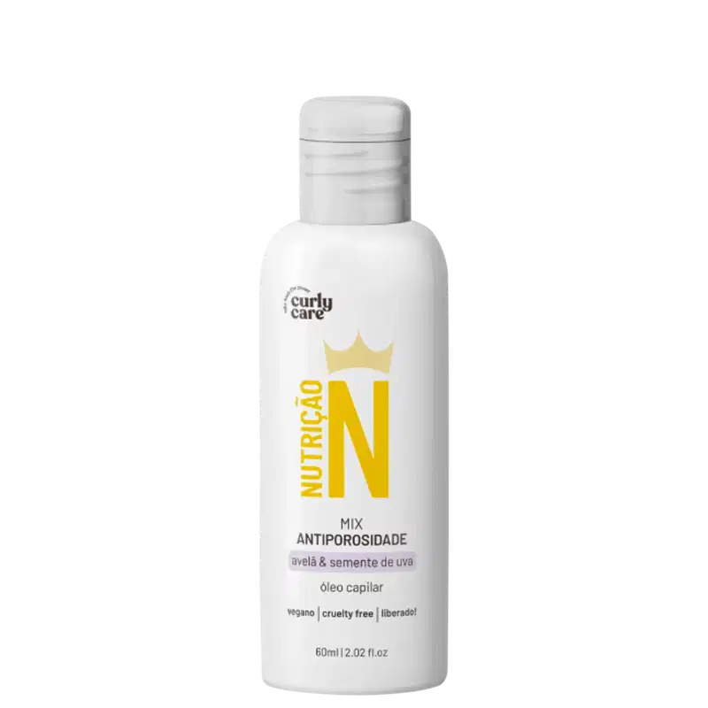 Produto de cuidado capilar Curly Care, embalagem plástica branca opaca com tampa. Rótulo frontal com coroa amarela e texto "Nutrição" em letras grandes. Descrição em português "Mix Antiporosidade aveia & semente de uva, óleo capilar".