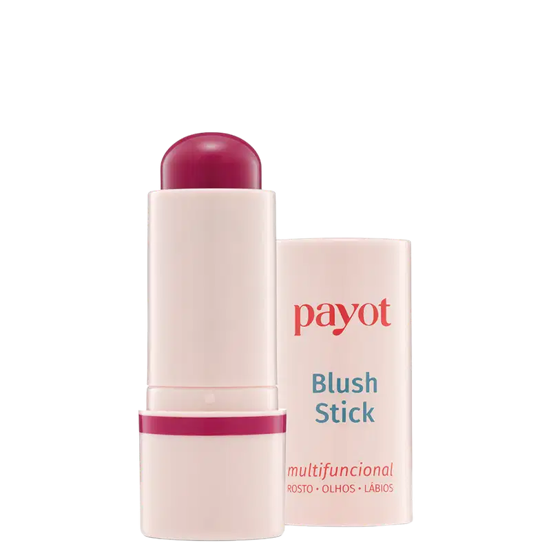 Bastão de blush rosa da marca Payot, com embalagem branca e vermelha, apresentando texto legível "Blush Stick" e "multifuncional" na parte frontal.