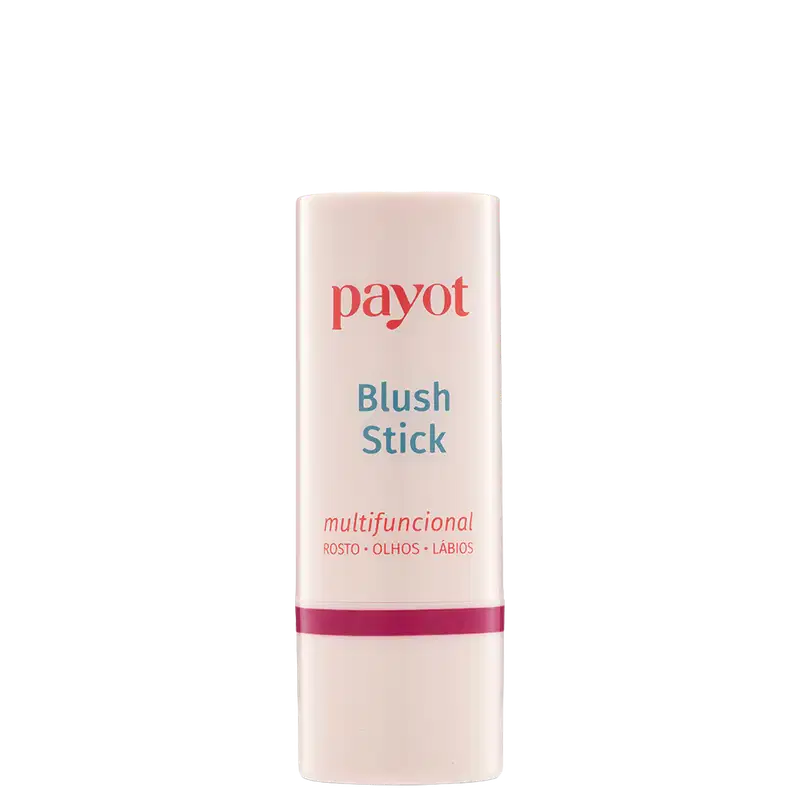 Embalagem branca cilíndrica com rótulo vermelho e azul da marca Payot, contendo um item de maquiagem chamado Blush Stick, com texto indicando ser um produto multifuncional para rosto, olhos e lábios.