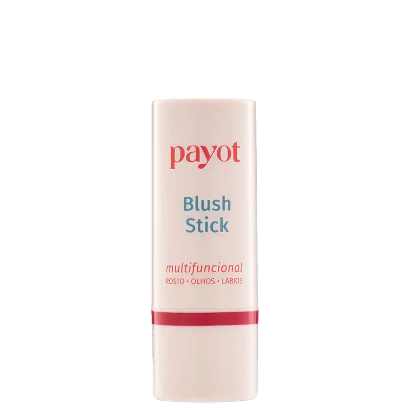Embalagem branca cilíndrica com rótulo vermelho e azul da marca Payot, contendo um item de maquiagem chamado Blush Stick, com texto indicando ser um produto multifuncional para rosto, olhos e lábios.