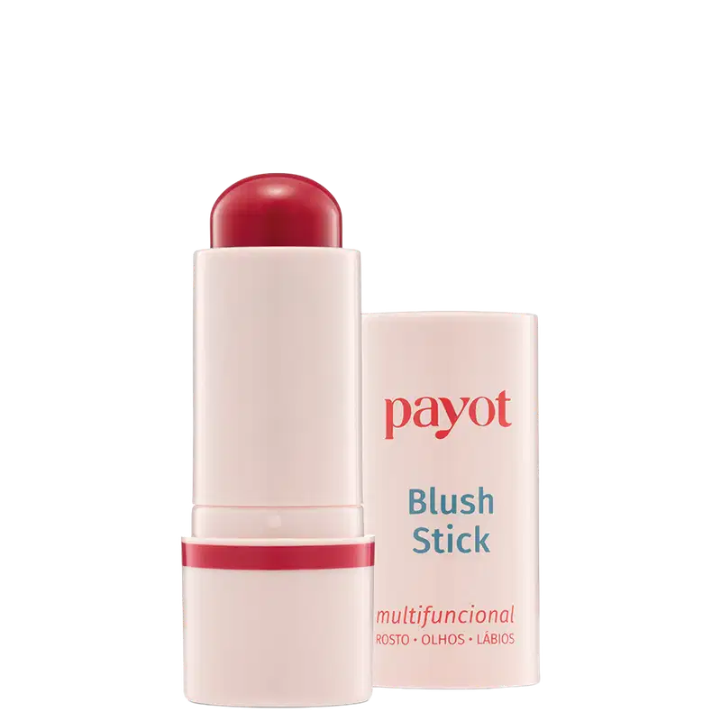 Bastão de blush rosa da marca Payot, com embalagem branca e vermelha, apresentando texto legível "Blush Stick" e "multifuncional" na parte frontal.