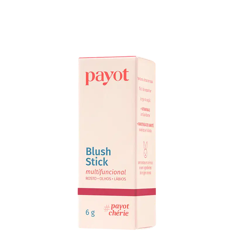 Caixa de papelão rosa com logotipo da marca Payot, contendo um item de maquiagem em formato de bastão, com rótulo indicando "Blush Stick multifuncional" para uso em rosto, olhos e lábios.