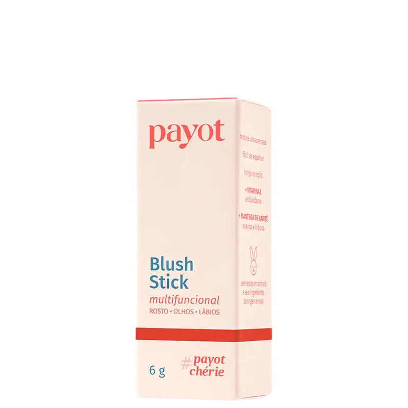 Caixa de papelão rosa com logotipo da marca Payot, contendo um item de maquiagem em formato de bastão, com rótulo indicando "Blush Stick multifuncional" para uso em rosto, olhos e lábios.