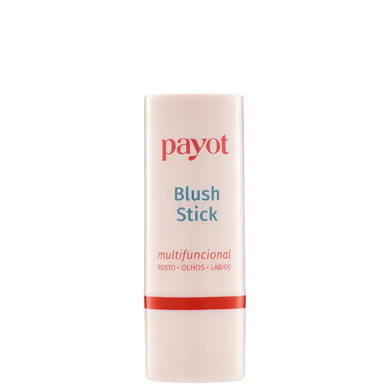 Embalagem branca cilíndrica com rótulo vermelho e azul da marca Payot, contendo um item de maquiagem chamado Blush Stick, com texto indicando ser um produto multifuncional para rosto, olhos e lábios.