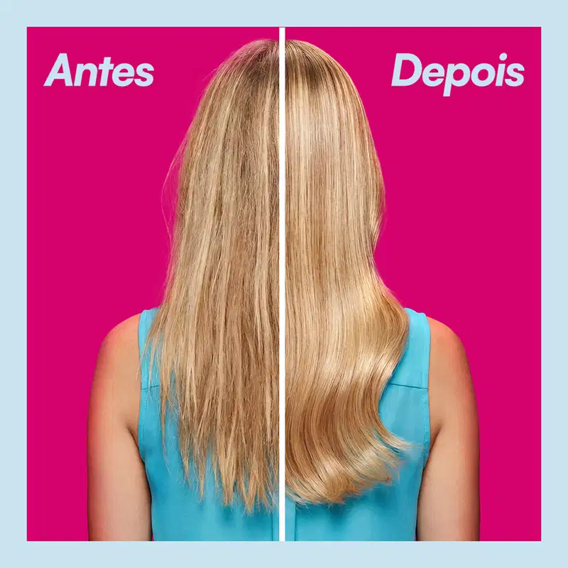 Imagem promocional de produto de beleza da marca Forever Liss, com fundo rosa vibrante e comparação do antes e depois do tratamento capilar, destacando a transformação dos fios loiros.