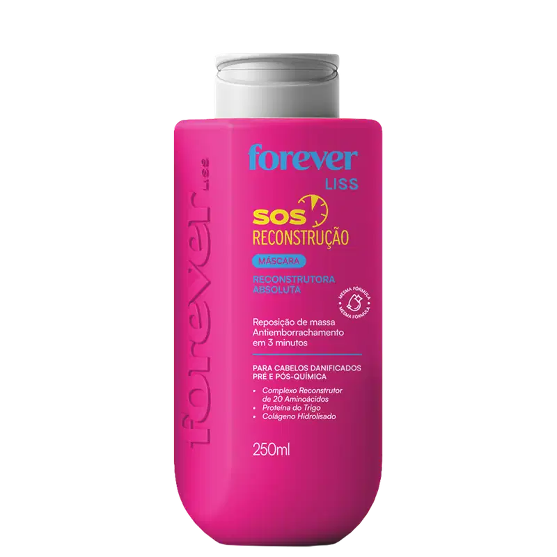 Frasco rosa de 250ml da máscara reconstrutora absoluta da linha SOS Reconstrução da Forever Liss, com informações sobre seus principais ingredientes e benefícios para cabelos danificados.
