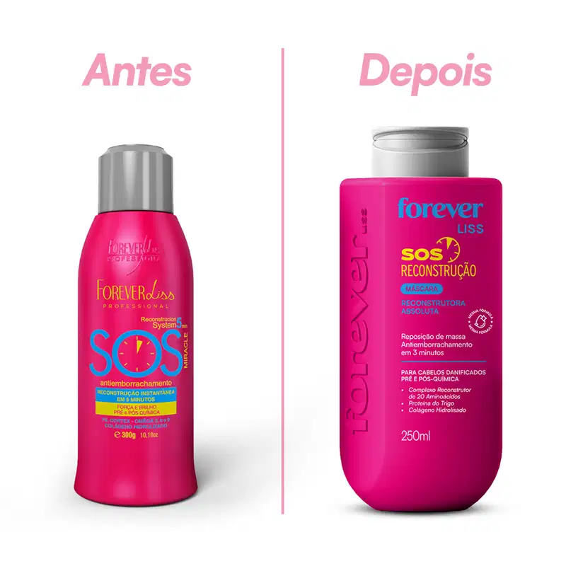 O produto de beleza é um sistema de reconstrução capilar da marca Forever Liss, com embalagens em tons de rosa. O frasco antes apresenta o texto "Antes" e o frasco depois exibe o texto "Depois", indicando o efeito do produto.