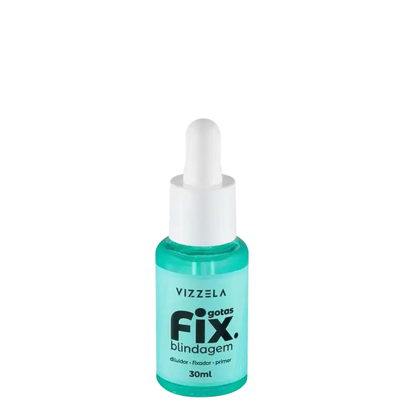 Frasco de vidro com conta-gotas contendo um líquido verde-azulado, com o rótulo "Vizzela Gotas Fix Blindagem" em letras pretas e brancas sobre fundo preto.