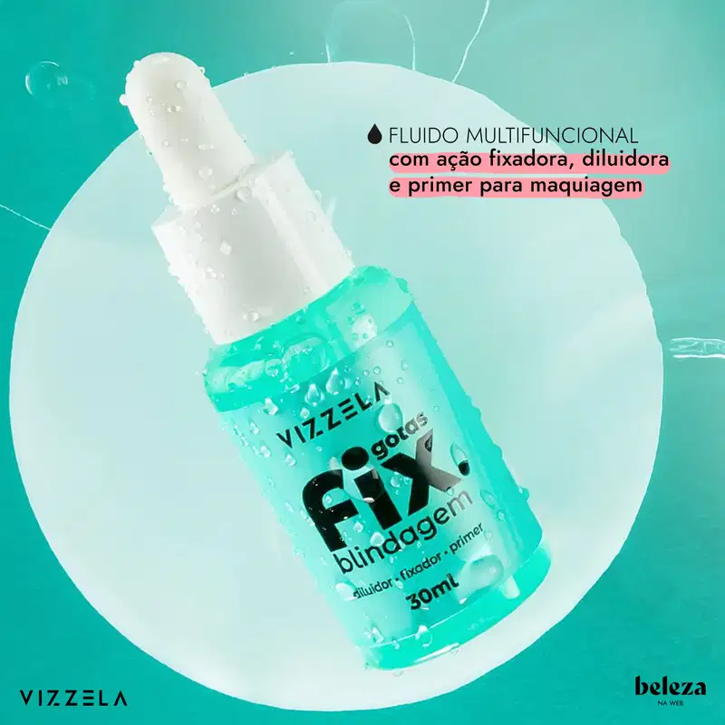 Fluido multifuncional com ação fixadora, diluídora e primer para maquiagem, da marca Vizzela.