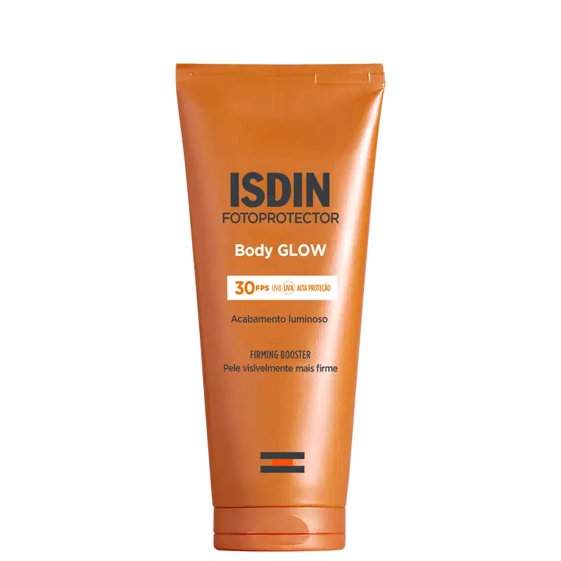 Bisnaga laranja de Body Glow Fotoprotector ISDIN SPF 30 com acabamento luminoso e firming booster, texto em preto e branco na embalagem.