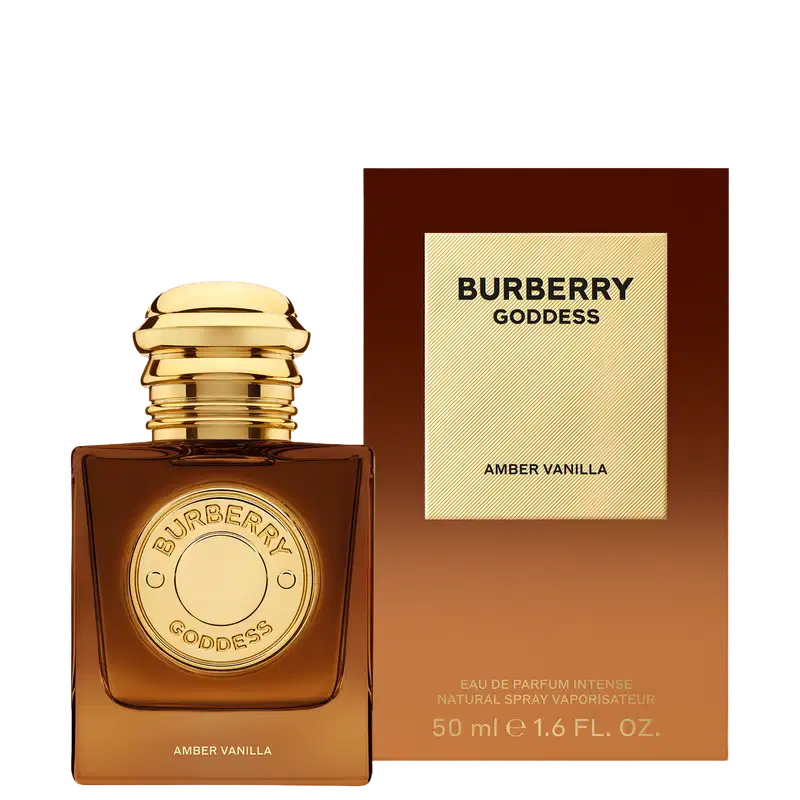 Perfume Burberry Goddess Amber Vanilla em frasco quadrado âmbar com tampa dourada. Rótulo circular dourado com inscrição "Burberry Goddess" e texto "Amber Vanilla" na base. Design luxuoso e elegante.