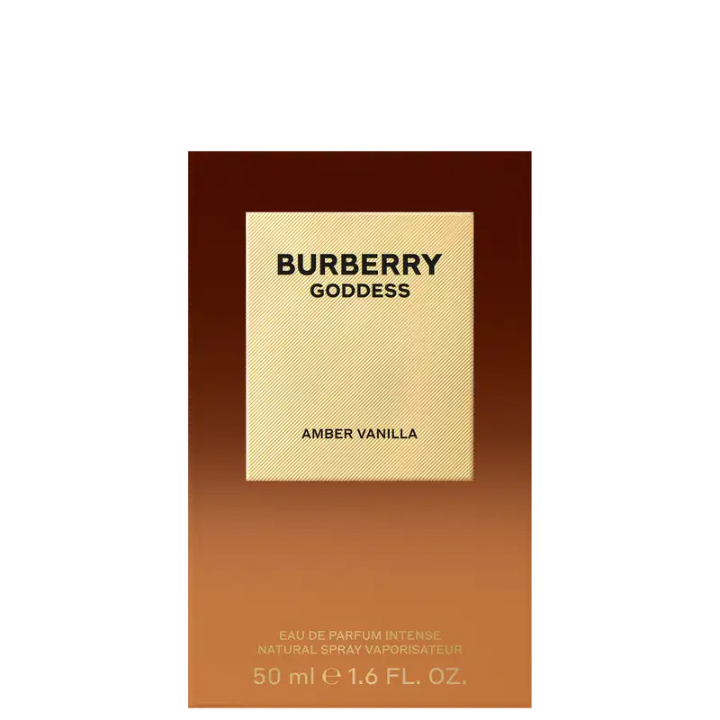 Perfume Burberry Goddess Amber Vanilla em frasco quadrado âmbar com tampa dourada. Rótulo circular dourado com inscrição "Burberry Goddess" e texto "Amber Vanilla" na base. Design luxuoso e elegante.