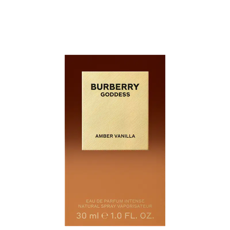 Perfume Burberry Goddess Amber Vanilla em frasco quadrado âmbar com tampa dourada. Rótulo circular dourado com inscrição "Burberry Goddess" e texto "Amber Vanilla" na base. Design luxuoso e elegante.