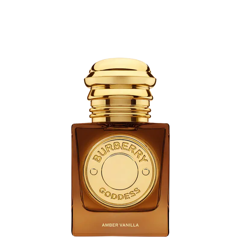 Perfume Burberry Goddess Amber Vanilla em frasco quadrado âmbar com tampa dourada. Rótulo circular dourado com inscrição "Burberry Goddess" e texto "Amber Vanilla" na base. Design luxuoso e elegante.