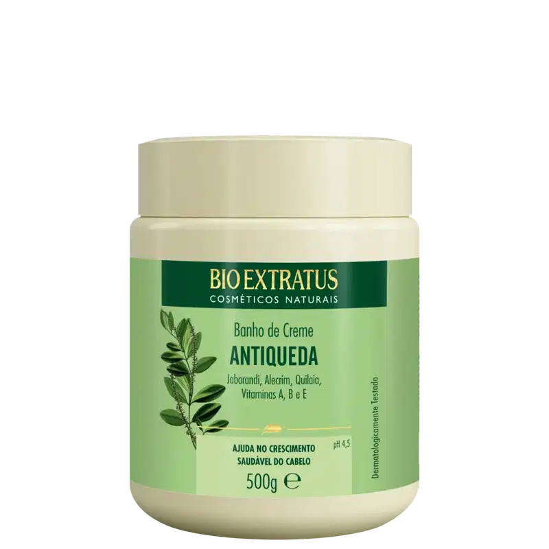 Pote de creme de banho da marca Bio Extratus, com rótulo verde e branco, contendo 500g do produto "Banho de Creme Antiqueda" com ingredientes naturais como Jaborandi, Alecrim e Vitaminas.