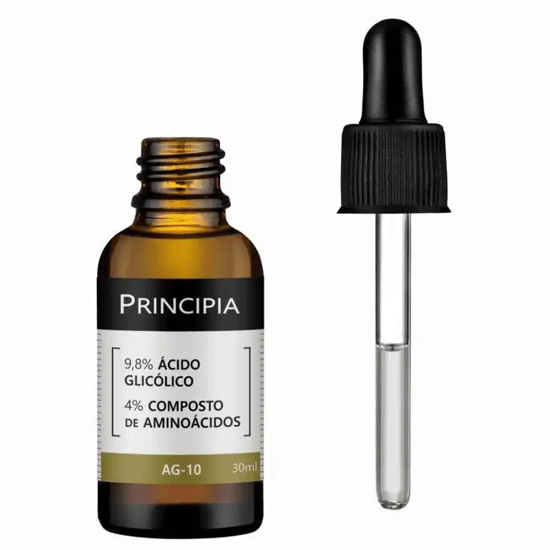 O produto é um ácido glicólico da marca Principia. Consiste em um frasco âmbar de vidro de 30ml com tampa preta, contendo uma solução líquida. Acompanha um aplicador plástico preto com um bastão para aplicação do produto.