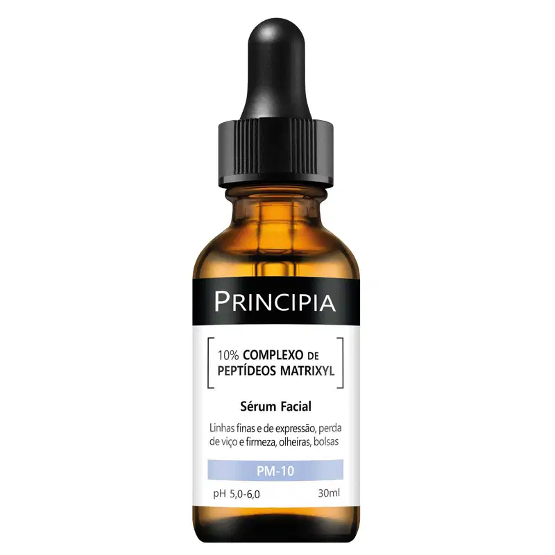 Frasco de vidro âmbar com conta-gotas preto contendo sérum facial Principia com 10% de complexo de peptídeos matrixyl. Rótulo preto e branco indica pH 5,0-6,0 e volume de 30ml.