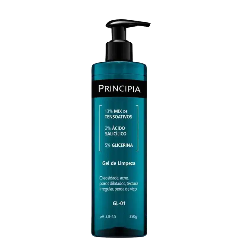 Gel de limpeza Principia em embalagem preta e azul com informações sobre sua composição, incluindo 13% de mix de tensoativos, 2% de ácido salicílico e 5% de glicerina, para tratar oleosidade, acne e poros dilatados.