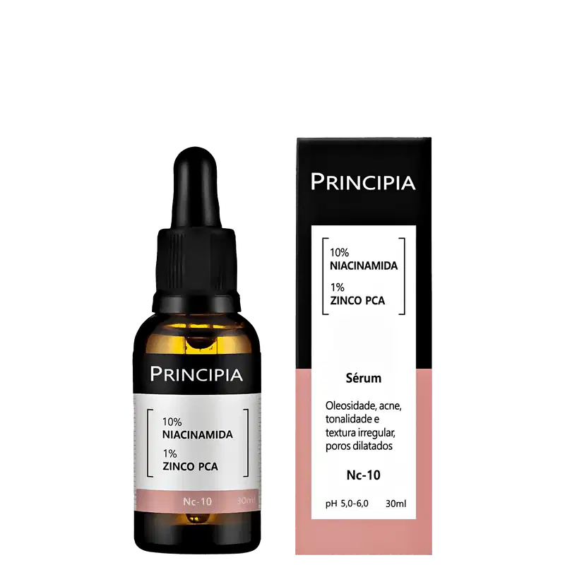 Produto de beleza em frasco conta-gotas âmbar de 30ml. Embalagem plástica preta com rótulo branco indicando "10% NIACINAMIDA 1% ZINCO PCA" e a marca Principia. Conta-gotas preto na parte superior do frasco.