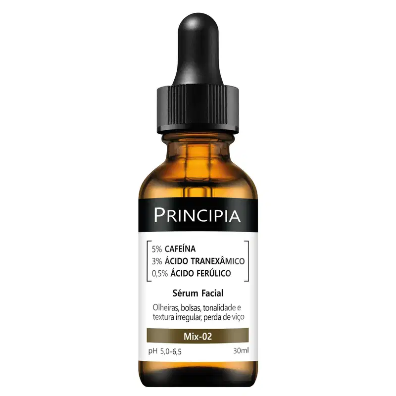 Frasco de soro facial da marca Principia, com 30ml de volume, contendo 5% de cafeína, 3% de ácido tranexâmico e 0,5% de ácido ferúlico. Rótulo preto e laranja destaca os principais ingredientes e benefícios do produto.