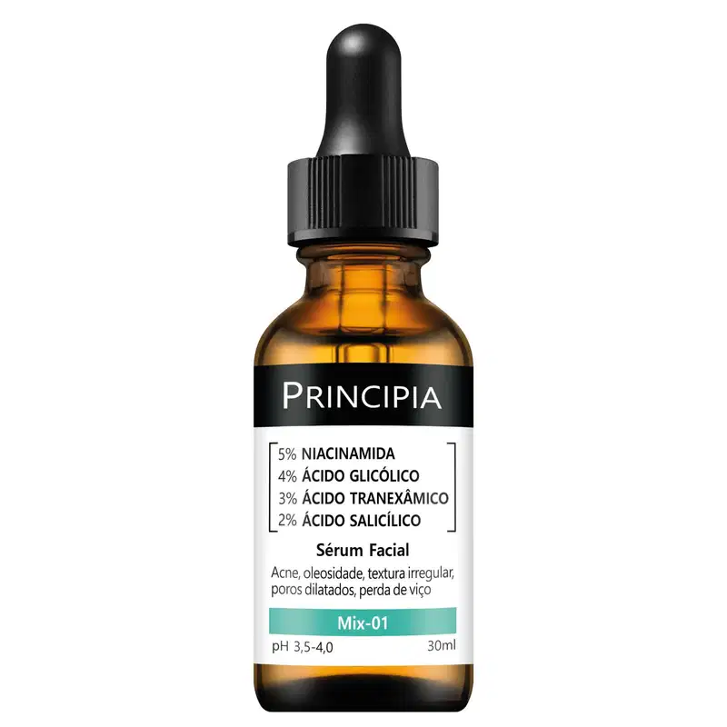 Frasco de vidro âmbar com conta-gotas preto contendo sérum facial Principia, com rótulo indicando ingredientes ativos como niacinamida, ácido glicólico, ácido tranexâmico e ácido salicílico, para tratamento de acne, oleosidade e textura irregular da pele.