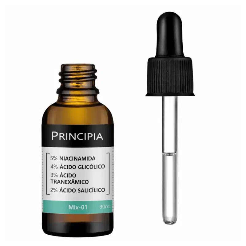 Frasco de vidro preto com rótulo "Principia". Destaque ao conta-gotas.