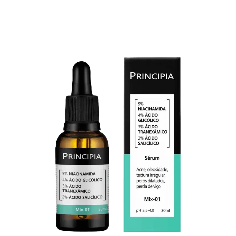 Frasco de vidro preto com conta-gotas e caixa de papelão preta e verde com rótulo "Principia". O rótulo lista os ingredientes ativos, como niacinamida, ácido glicólico, ácido tranexâmico e ácido salicílico.