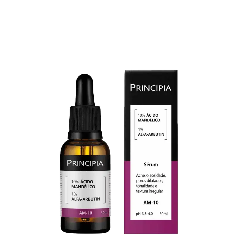 Produto de tratamento facial em frasco de vidro âmbar com conta-gotas. Embalagem plástica preta com o rótulo "Principia" e detalhes do conteúdo: "10% Ácido Mandélico, 1% Alfa-Arbutina".