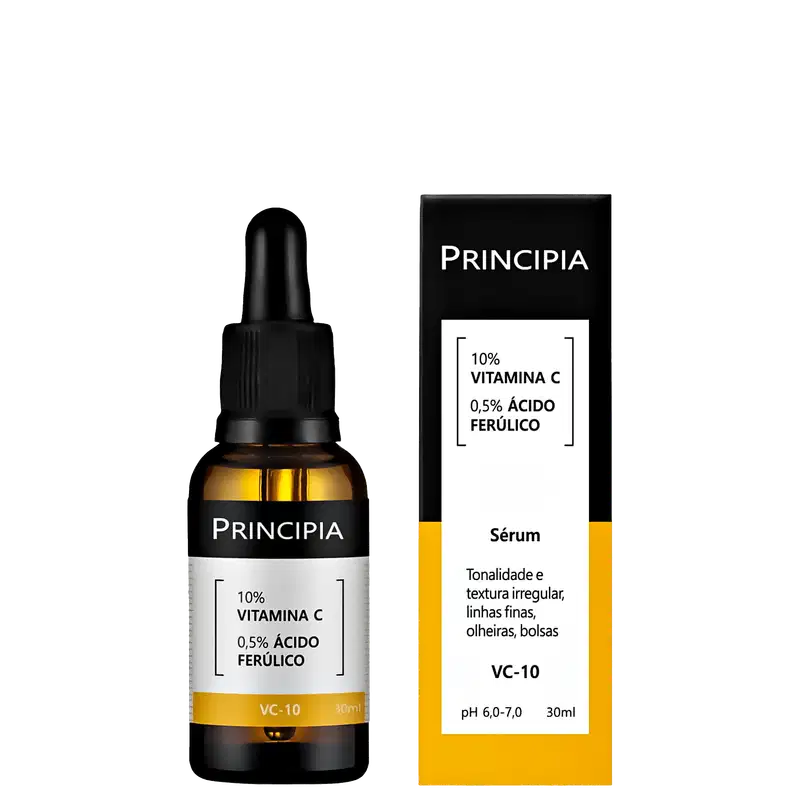 Frasco de vidro preto com conta-gotas e caixa de papelão preta e amarela. Rótulo indica que o produto é um sérum da marca Principia, com 10% de vitamina C e 0,5% de ácido ferúlico.
