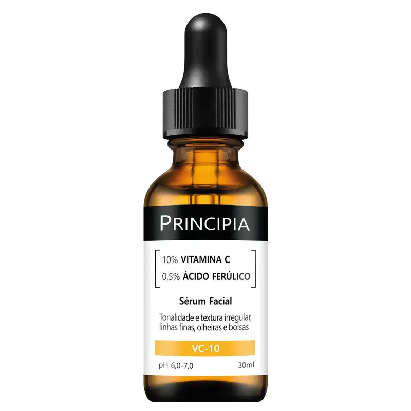 Frasco de vidro âmbar com conta-gotas preto contendo sérum facial da marca Principia.