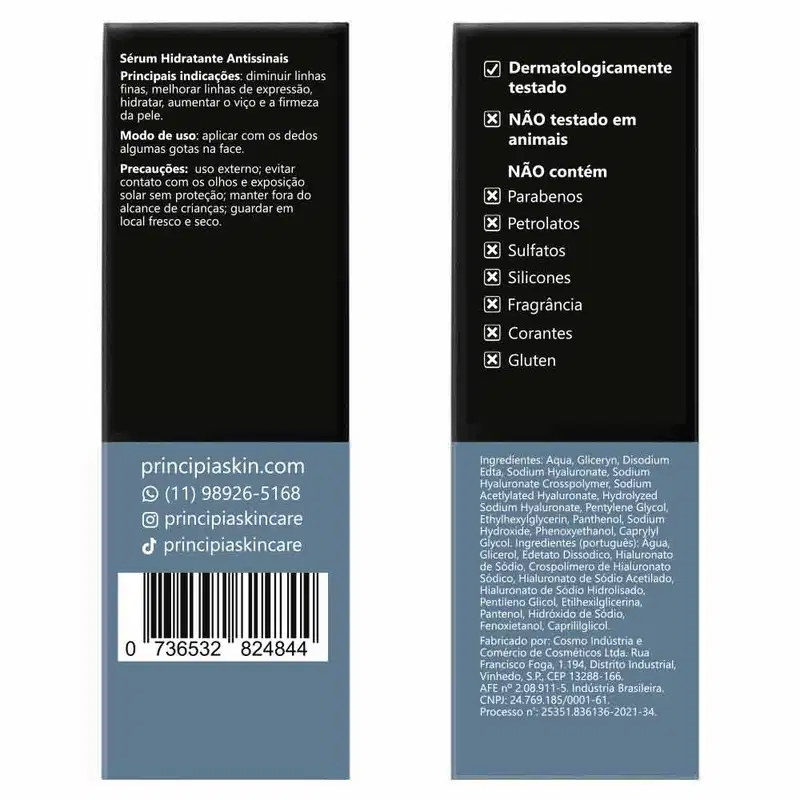 Frasco de sérum hidratante antienvelhecimento com informações sobre ingredientes e advertências em português. 