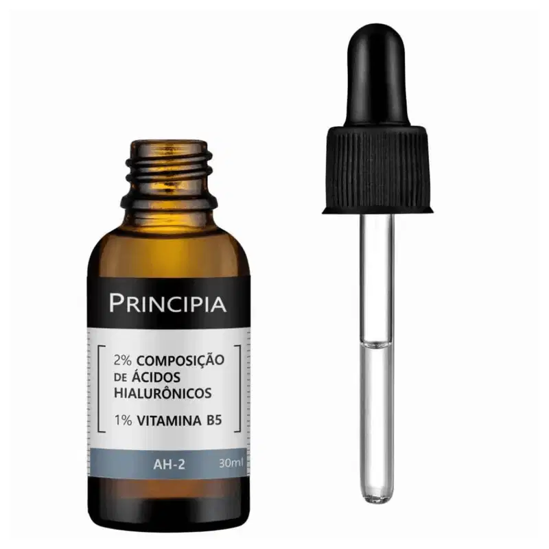 Produto de tratamento facial em frasco conta-gotas âmbar de 30ml. Embalagem plástica preta com rótulo branco indicando "2% Composição de Ácidos Hialurônicos, 1% Vitamina B5".