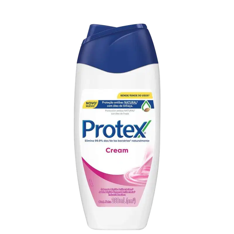 Frasco de creme Protex com embalagem branca e azul, destacando a proteção antibacteriana natural com óleo de linhaça. O rótulo apresenta o nome da marca "Protex" em destaque.