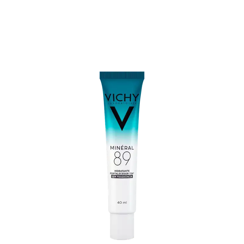 Tubo de creme hidratante Vichy Mineral 89, com embalagem em tons de azul e branco, contendo 40 ml do produto. O rótulo destaca o nome "Mineral 89" e a informação "Hidratante fortalecedor 72h sem fragância".